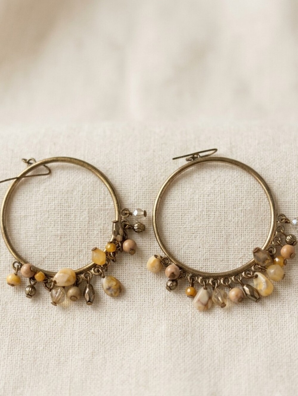 Boho Beaded Gold Hoop Earrings | Neutral Stone & Crystal Dangle Charms